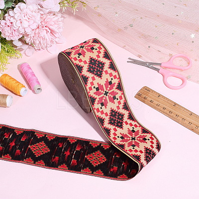 Rhombus Pattern Ethnic Style Embroidery Floral Polyester Ribbons OCOR-WH0070-324A-1