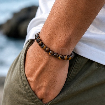 8MM Round Natural Tiger Eye Beaded Stretch Bracelets for Men GW6594-1