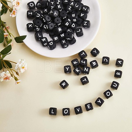 20Pcs Black Cube Letter Silicone Beads 12x12x12mm Square Dice Alphabet Beads with 2mm Hole Spacer Loose Letter Beads for Bracelet Necklace Jewelry Making JX433M-1