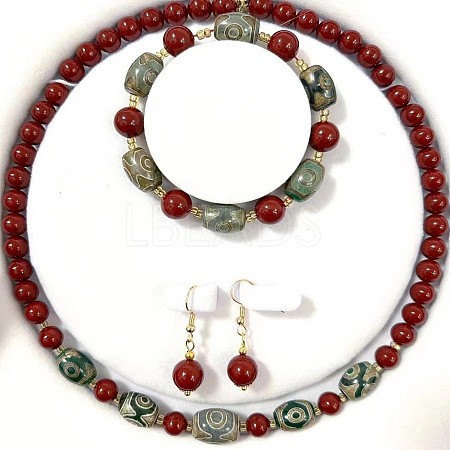 Natural Cinnabar Round Beaded Necklaces & Beaded Bracelets & Dangle Earrings Sets WGE6446-10-1