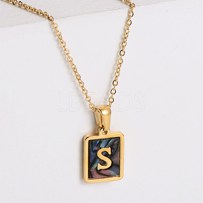 304 Stainless Steel Pave Natural Paua Shell Rectangle Initial Pendant Necklaces for Women FS-WG38E89-19-1