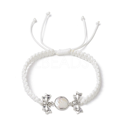 Flat Round Natural Pearl & Polyester Cord Braided Bracelets BJEW-JB10422-1