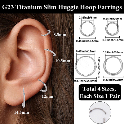 8Pcs 4 Styles Hypoallergenic F136 Implant Grade Pure Titanium Hoop Earrings EJEW-BBC0001-86-1