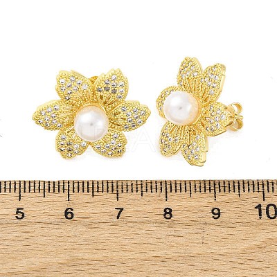 Flower Brass Micro Pave Clear Cubic Zirconia Stud Earrings EJEW-H158-04G-1