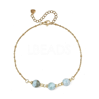 Round Natural Larimar Beads 304 Stainless Steel Satellite Chain Anklets for Women AJEW-AN00877-1