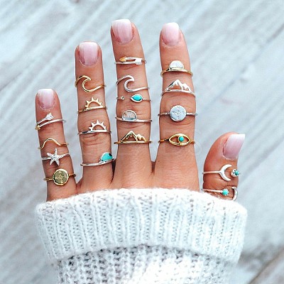 19Pcs 19 Styles Alloy & Resin Cuff Rings/Finger Rings Sets for Women FS-WGA4364-01-1