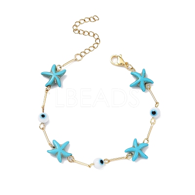 3Pcs 3 Color Glass Evil Eye & Synthetic Turquoise Starfish Link Chain Bracelets Set BJEW-TA00428-1