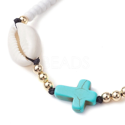 Corss Synthetic Turquoise & Natural Cowrie Shell Braided Bead Bracelets BJEW-JB10357-01-1