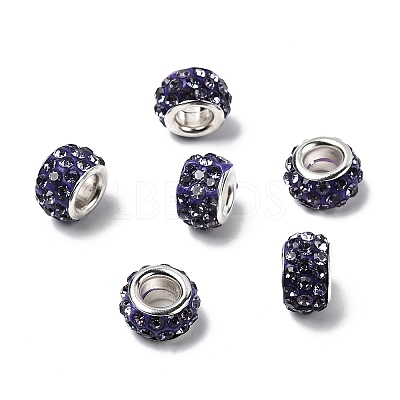Polymer Clay Rhinestone European Large Hole Beads with Silver Color Plated Brass Cores FPDL-R002-07-1