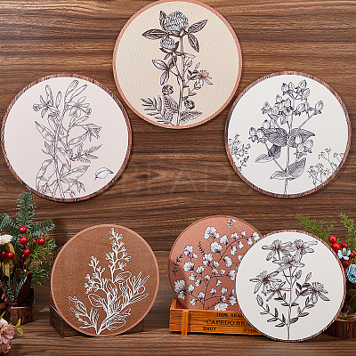 6Pcs Bohemian Theme Wooden Flat Eound with Flower Wall-mounted DIY-WH0899-480-1