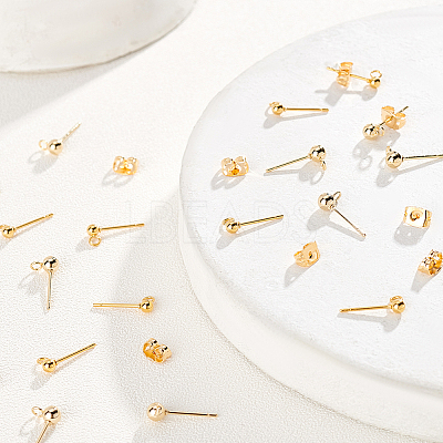 60pcs 2 size Brass Ball Stud Earring Post KK-PH0009-30-1