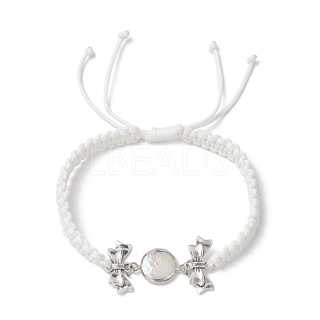 Flat Round Natural Pearl & Polyester Cord Braided Bracelets BJEW-JB10422-1