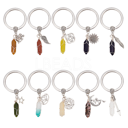 Double Terminated Point Gemstone Pendant Keychain with Tibetan Style Alloy Charm KEYC-AB00018-1