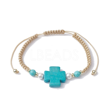 Synthetic Turquoise Cross & Imitation Pearl Braided Bead Bracelet BJEW-JB09743-1