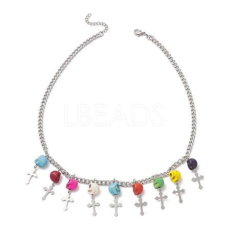 Dyed Synthetic Turquoise Skull with Cross Bib Necklace NJEW-TA00071-1