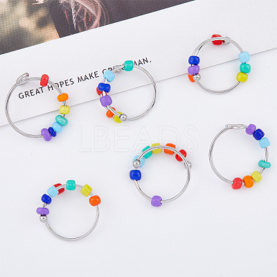 10Pcs 2 Style Rainbow Color Glass Beaded Rotating Open Cuff Rings Set RJEW-DC0001-15-1