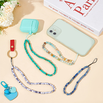 4Pcs 4 Style Round Acrylic Beads & Natural Gemstone Phone Hand Strap Chains FIND-AR0003-89-1