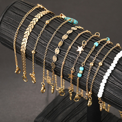10Pcs Beach Style Alloy & Synthetic Turquoise & Resin Link Anklets WGF01BA-01-1