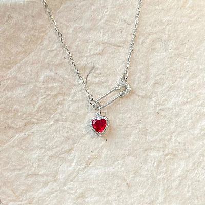 Heart Safety Pin Brass Pave Cubic Zirconia Pendant Necklaces for Women FS-WGA6C95-10-1