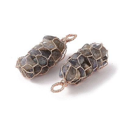 Rack Plating Copper Wire Wrapped Natural Labradorite Chip Big Pendants G-C130-01RG-10-1
