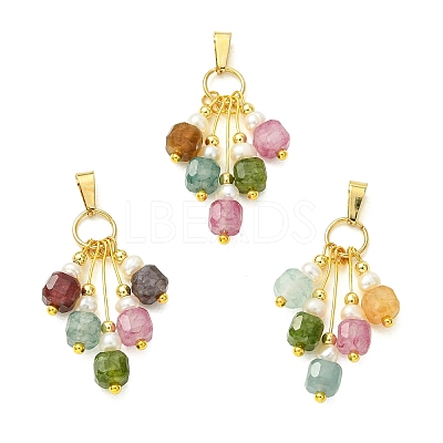 Natural Multicolor Tourmaline Faceted Cube & Natural Cultured Freshwater Pearl Tassel Pendants PALLOY-JF06000-1