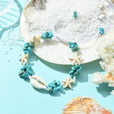 Synthetic Turquoise Starfish & Natural Shell Braided Bead Bracelets BJEW-TA00371-1