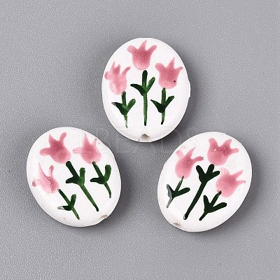 Hand Painted Tulip Flower Oval Porcelain Beads PORC-N012-11B-1