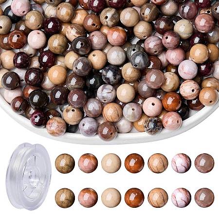 100Pcs Natural Petrified Wood Round Bead with Strong Stretchy Beading Elastic Thread G-SZ0002-28-1