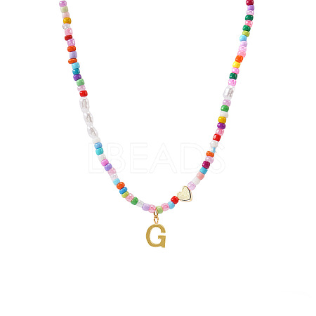Colorful Beaded Heart Letter Necklace with Pearl Elements Stainless Steel Pendant Jewelry TR2146-7-1