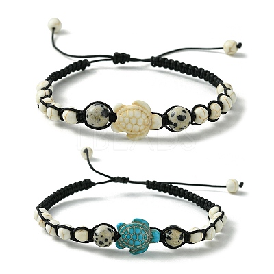 2Pcs 2 Color Natural Dalmation Jasper & Synthetic Turquoise Braided Bead Bracelet BJEW-JB09800-1