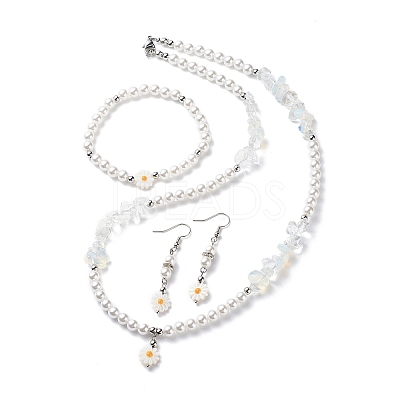 Plastic Pearl Daisy Pendant Dangle Earrings & Stretch Bracelet & Pendant Necklace SJEW-JS01256-1