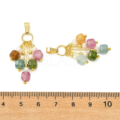 Natural Multicolor Tourmaline Faceted Cube & Natural Cultured Freshwater Pearl Tassel Pendants PALLOY-JF06000-1