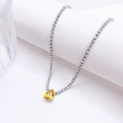 Brass Pave Cubic Zirconia Teardrop Pendant Tennis Necklaces FS-WGB48C6-04-1