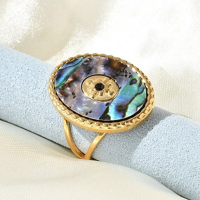 Oval 304 Stainless Steel & Paua Shell & Rhinestone Cuff Rings for Women RJEW-G346-06G-01-1