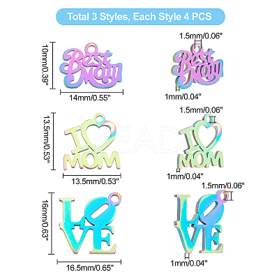 12Pcs 3 Style Valentine's Day Ion Plating(IP) 201 Stainless Steel Charms STAS-UN0030-05-1