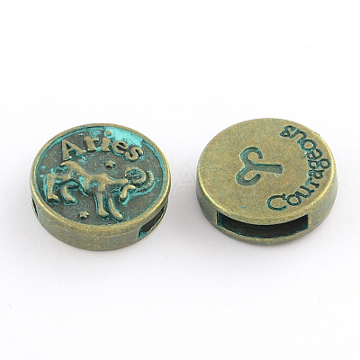 Antique Bronze & Green Patina Plated Flat Round Zinc Alloy Slide Charms X-PALLOY-Q307-12-NR-1