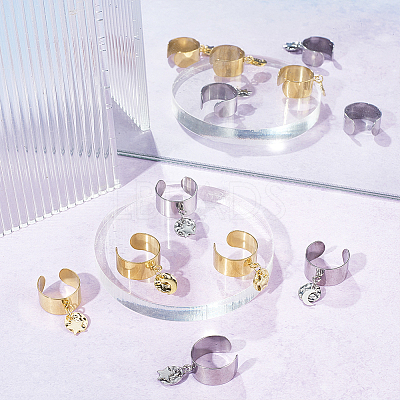 8Pcs 4 Style 304 Stainless Steel Open Cuff Rings Set with Charms RJEW-AB00009-1