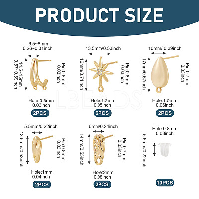 10Pcs 5 Styles Brass Stud Earring Findings KK-TA0002-82-1