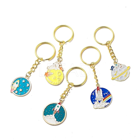 Space Theme Alloy Enamel Flat Round Pendant Keychain KEYC-JKC00390-1