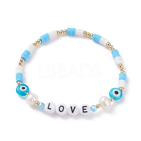 Love Word Acrylic & Heishi Polymer Clay Beaded Stretch Bracelets BJEW-TA00069-02-1