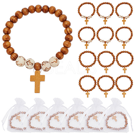 ARRICRAFT 30Pcs 2 Style Natural Wood Round Beaded Stretch Bracelets with Cross Charms for Men Women BJEW-AR0001-08-1
