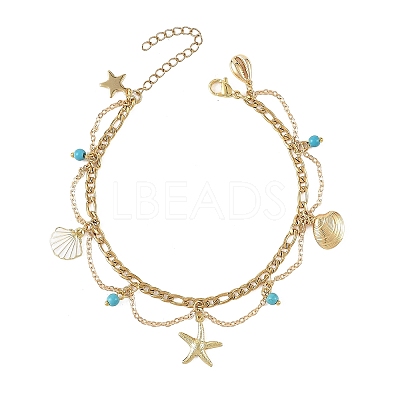 Ocean Synthetic Turquoise Beads & Alloy Starfish Shell Shape Charm Anklets with 304 Stainless Steel Cable Chain Tassel for Women AJEW-TA00069-1