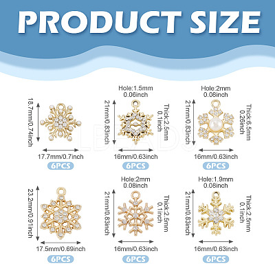 36Pcs 6 Styles Alloy Micro Pave Clear Cubic Zirconia Snowflake Pendants FIND-TA0009-86-1