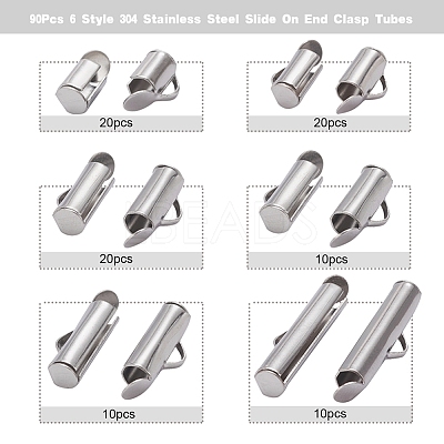 90Pcs 6 Style 304 Stainless Steel Slide On End Clasp Tubes STAS-YW0001-20-1