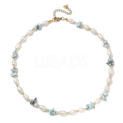 Natural Larimar Chip & Rice Cultured Freshwater Pearl Beaded Necklaces for Women NJEW-JN06665-01-1