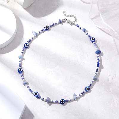 Natural Blue Aventurine(Dyed & Heated) Chip & Resin Evil Eye & Glass Seed Beaded Necklaces NJEW-JN05294-1