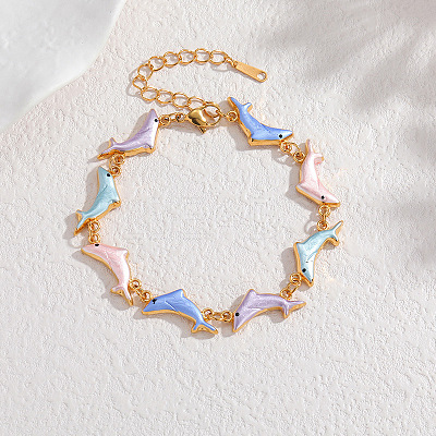 304 Stainless Steel Enamel Colorful Dolphin Link Chain Bracelets for Women WG28F33-01-1