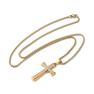 201 Stainless Steel Crystal Rhinestone Religion Cross Pendant Necklaces NJEW-H065-08G-1