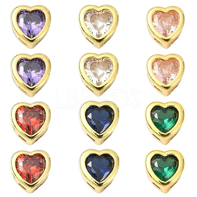 6Pcs 3 Colors Brass Micro Pave Cubic Zirconia Heart Slide Charms ZIRC-YW0001-36A-1