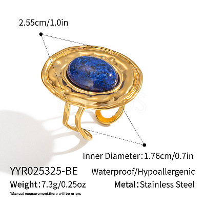 Oval 304 Stainless Steel with Natural Lapis Lazuli Open Cuff Rings for Women WS5424-2-1
